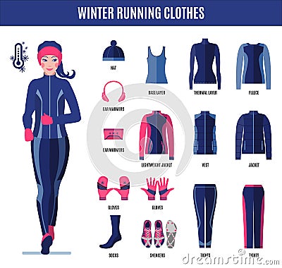 Winter running clothes set for woman in flat style Vector Illustration