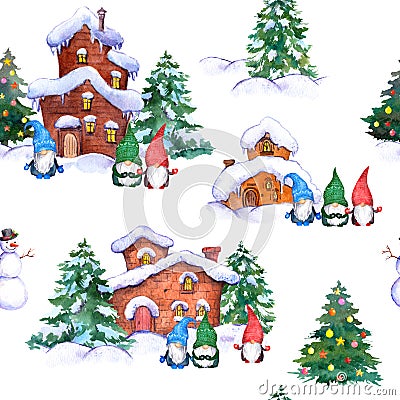 Winter rural houses and scandinavian gnomes in seamless pattern with pine tree, snow. Cute Christmas repeating Stock Photo