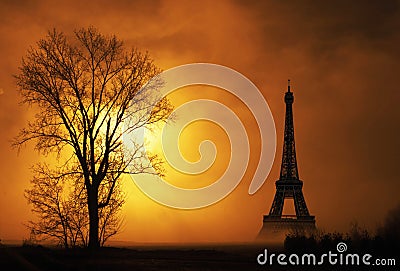 Winter rural landscape of Eiffel Tower at sunrise Stock Photo