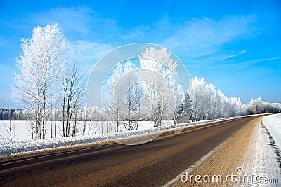 Winter rural landscape with the road the forest and the blue sk Stock Photo