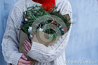 Winter rustic bouquet with fir branches. Female hands holding a Christmas bouquet. New year Stock Photo