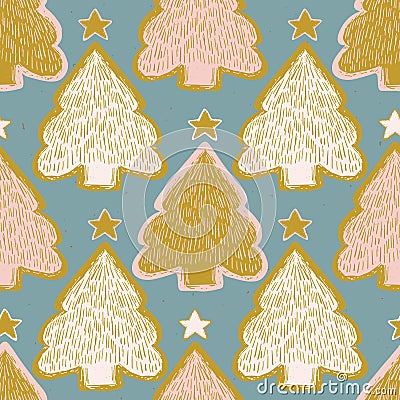 Winter Rustic Christmas Tree Lino Cut Texture Seamless Vector Pattern Stock Photo