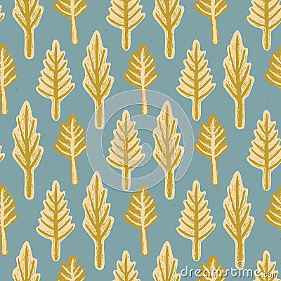 Winter Rustic Fir Tree Lino Cut Texture Seamless Vector Pattern, Sketchy Pine Forest Stock Photo