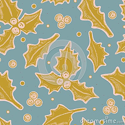 Winter Rustic Holly Linocut Texture Seamless Vector Pattern, Sketch Berries Block Print Stock Photo