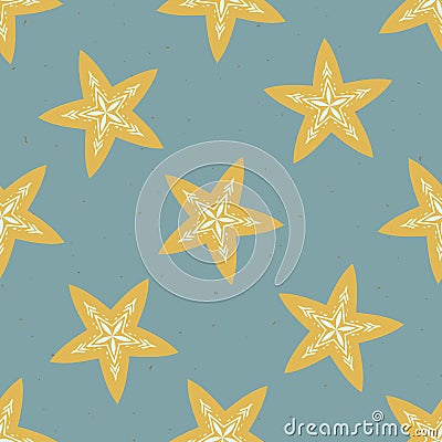 Winter Rustic Stars Lino Cut Texture Seamless Vector Pattern, Sketchy Folk Snowflake Blockprint Stock Photo