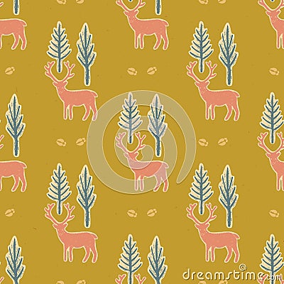 Winter Rustic Tree and Reindeer Lino Cut Texture Seamless Vector Pattern Stock Photo