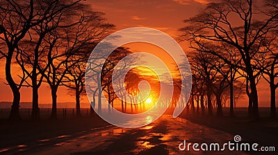 Winter's Embrace: Silhouetted Trees at Sunset Stock Photo