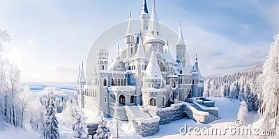 Winter's Fairytale Snow-Covered Royal Castle in a Majestic Landscape - Generative AI Cartoon Illustration