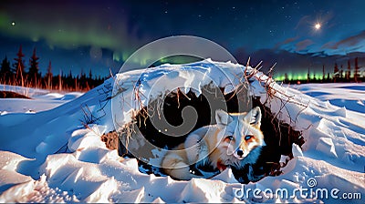 Winter's Guardian: Fox Nestled in Snow-Covered Den Stock Photo