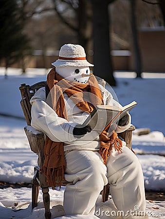 Winter's Tale: Snowman Lost in a Good Book Stock Photo