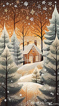 Winter's Warmth: A Cozy Evening in the Snowy Cabin Woods Stock Photo