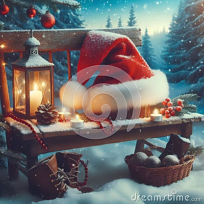 Santa Hat on Snowy Bench, a Christmas Card Celebrating Cozy Forest Enchantment. Generative ai for illustrations Cartoon Illustration