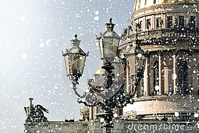 Winter in Saint Petersburg. Saint Isaac Cathedral in snowstorm, St Petersburg, Russia Stock Photo