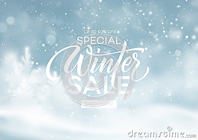 Winter sale background template. Christmas winter snowy landscape. Winter snow dust background. Vector illustration Vector Illustration