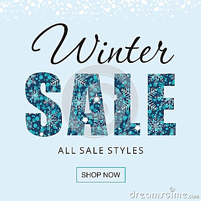Winter sale banner with snowflakes isolated on blue background. Vector Illustration