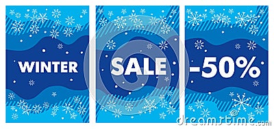 Winter sale and discounts. Stylized snowflakes and lettering on a blue background Vector Illustration