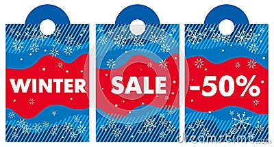 Winter sale and discounts. Stylized snowflakes and lettering on a red and blue background Vector Illustration