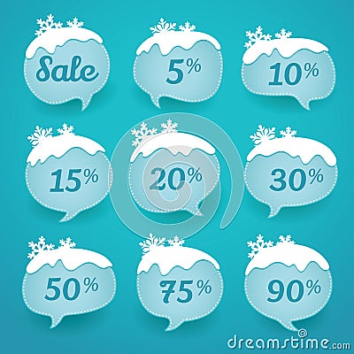 Winter sale labels in form of speech snow bubbles Vector Illustration