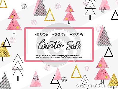 Winter sale poster design with Christmas trees. Vector Illustration