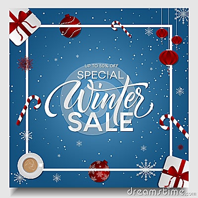 Winter sale product banner, podium platform with geometric shapes and snowflakes Vector Illustration