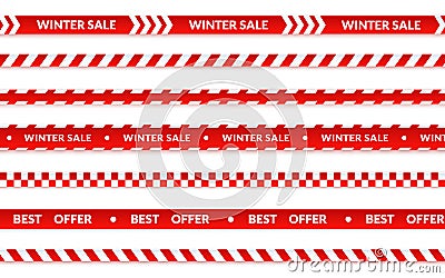 Winter sale ribbons, abstract christmas sale banner set on white. Vector caution tape about shopping, best offer holiday Vector Illustration