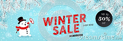 Winter sale, seasonal horizontal banner with snowman, snowfall, snow, vector Vector Illustration