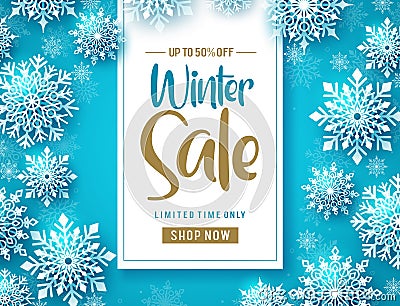 Winter sale vector banner design. Winter sale promo text with cold white snowflakes. Vector Illustration