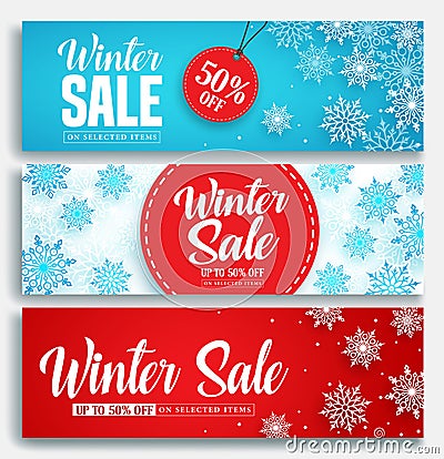 Winter sale vector banner set with discount text and snow elements in blue and red snowflakes Vector Illustration