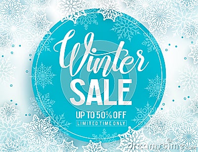Winter sale vector banner template with white snowflakes background Vector Illustration