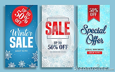 Winter sale vector poster design set with sale text and snow elements in colorful winter background Vector Illustration