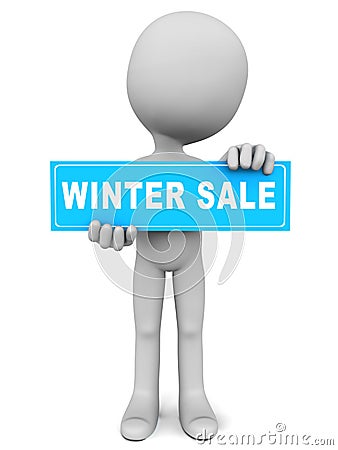 winter sale word banner held up by little 3d man Stock Photo