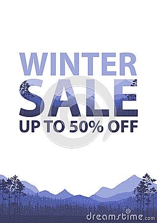 Winter sale words on the beautiful Chrismas flat Winter holidays landscape background with trees, snowflakes, falling snow. Double Stock Photo