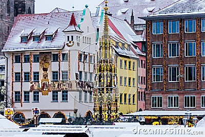 Winter scene- Beautiful Fountain (SchÃ¶ner Brunnen) Nuremberg, Germany Stock Photo