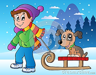 Winter scene with boy and sledge Vector Illustration