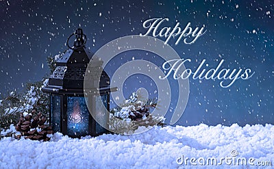 Christmas Scene With Happy Holidays Text Stock Photo