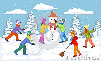 Winter Scene with children playing outside snow ball, making snowmen, having fun Cartoon Illustration