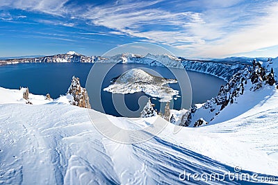 Winter Scene at Crater Lake Volcano Stock Photo