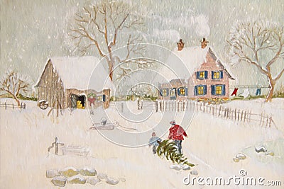 Winter scene of a farm with people Stock Photo