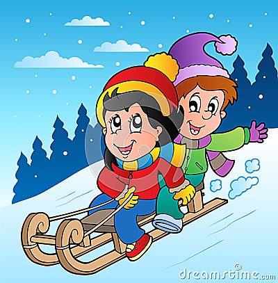 Winter scene with kids on sledge Vector Illustration