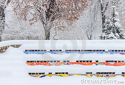 Winter scene in a park.Colorful amphitheater covered with snow Stock Photo