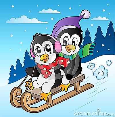 Winter scene with penguins sledging Vector Illustration