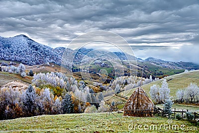 Winter scene in Romania , beautiful landscape of wild Carpathian mountains Stock Photo