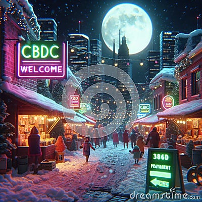 winter scene, small town by night, vendor and shops, accept cbdc central bank digital currency sign Stock Photo