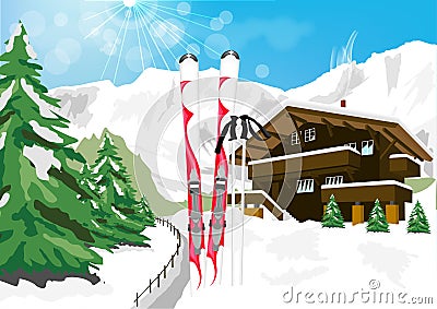 Winter scenery with snow, skis, ski poles, chalet and mountains Vector Illustration