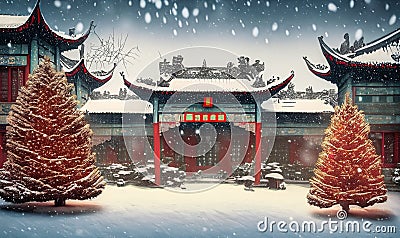 winter scenery snowy houses china Stock Photo