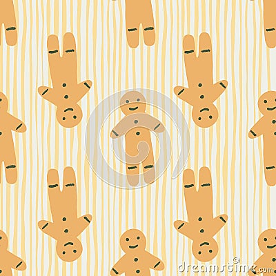 Winter seamless doodle pattern with gingerbread man hand drawn cookies silhouettes. Orange colored dessert on stripped background Cartoon Illustration