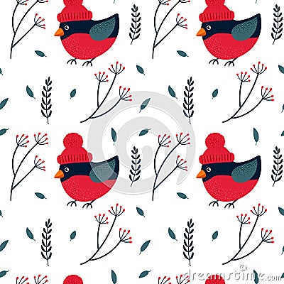 Winter seamless patter with bullfinch and winter plants. Christmas design. Vector illustration Vector Illustration