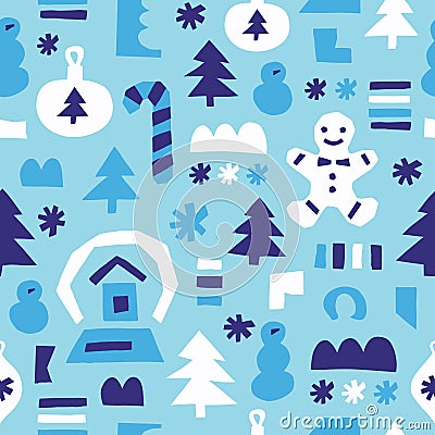 Winter seamless pattern with christmas tree toy, fir, snowman, snowflake, snowball, gingerbread man. Cloth design, wallpaper, Vector Illustration