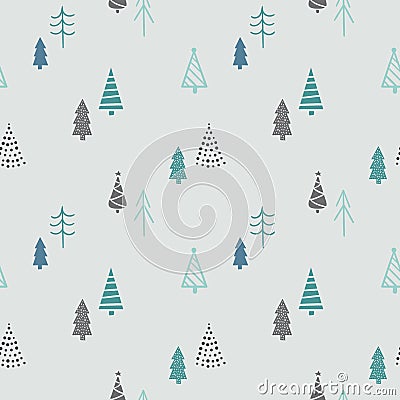 Winter seamless pattern with Christmas trees. Hand drawn vector illustration. Christmas wrapping paper. Vector Illustration