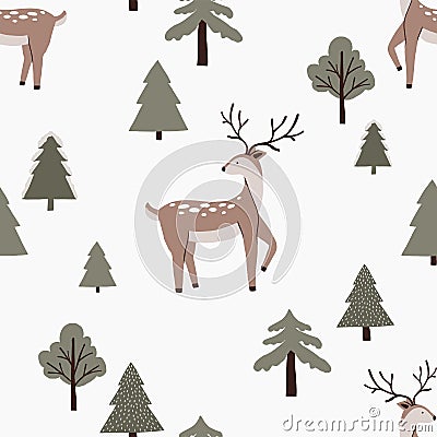 Winter seamless pattern with cute cozy forest animal deer and Christmas trees Vector Illustration